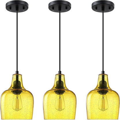 3 Pack 1 Light Hanging Indoor Kitchen Island Pendant Light 6.1" Seeded Yellow Glass Pendant Ceiling Light Fixtures Black Finish Modern Farmhouse Dinning Over Sink