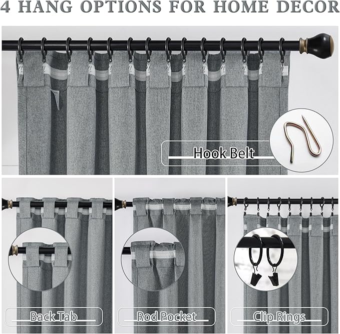 DUALIFE Linen Blackout Curtains 63 Inches Long, Back Tab Rod Pocket Hook Belt Sun Heat and Full Light Blocking Curtain Panels for Bedroom Living Room, 2 Panels, Dark Grey, W50 x L63