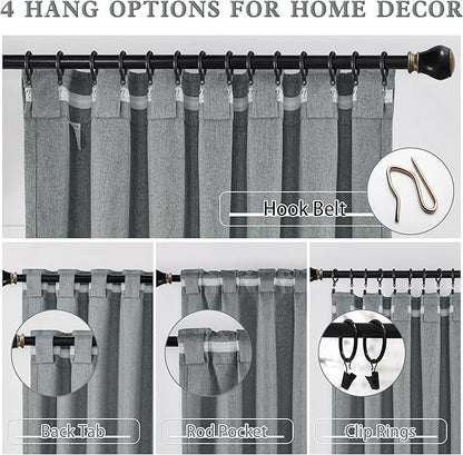 DUALIFE Linen Blackout Curtains 63 Inches Long, Back Tab Rod Pocket Hook Belt Sun Heat and Full Light Blocking Curtain Panels for Bedroom Living Room, 2 Panels, Dark Grey, W50 x L63