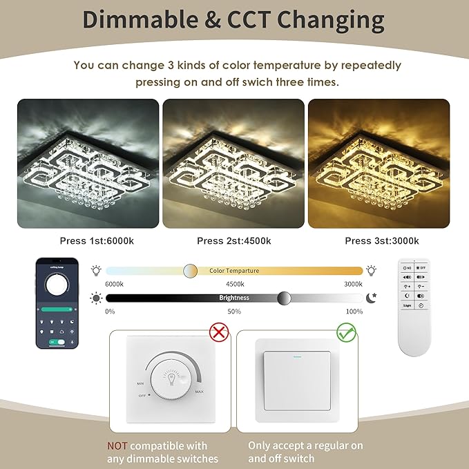 32 inch Flush Mount Chandelier Crystal Ceiling Light with Remote Control/APP,3CCT Dimmable&Brightness Adjustable, Modern Crystal Raindrop Silver Chandeliers for Bedroom Hallway Dinning Room LivingRoom