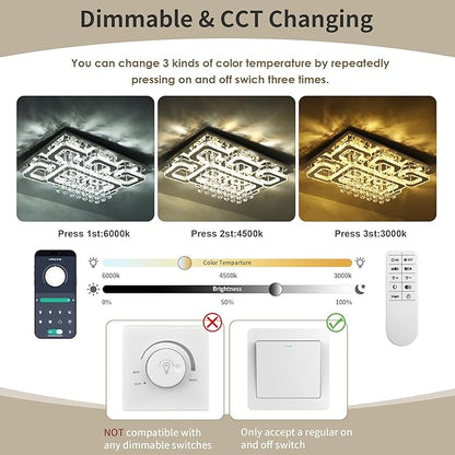 32 inch Flush Mount Chandelier Crystal Ceiling Light with Remote Control/APP,3CCT Dimmable&Brightness Adjustable, Modern Crystal Raindrop Silver Chandeliers for Bedroom Hallway Dinning Room LivingRoom