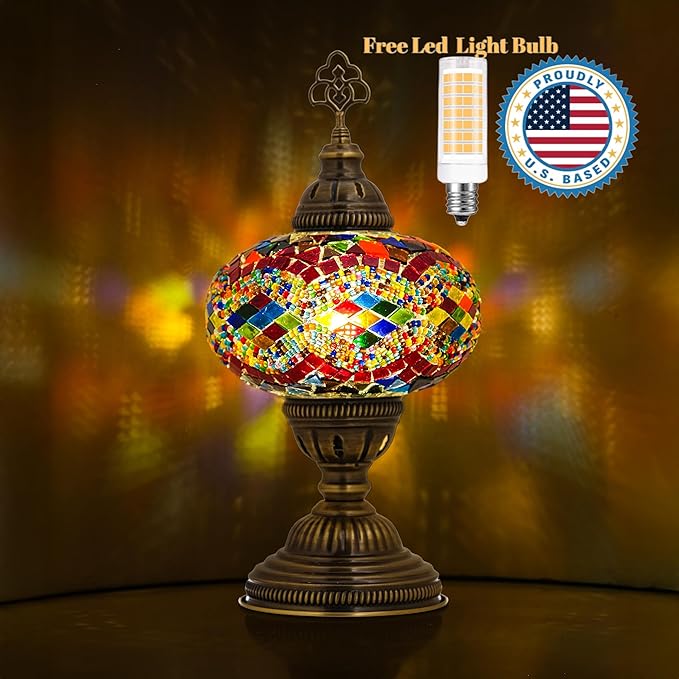 Moroccan Turkish Lamp – Colorfull Mosaic Glass Bedside & Desk Light, Handcrafted Vintage Home Decor with E12 Socket