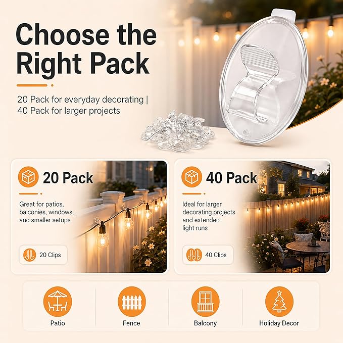 Hooks Lights Clips Outdoor String - 3X Stronger Adhesion 20Pcs Clear Heavy Duty Hangers Waterproof Adhesive - Sticky Removable 0 Residue No Drill Indoor Garage - for Patio Fence Gutters Wall Christmas