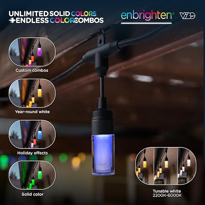 Enbrighten Vibe Modern Outdoor String Lights, 48ft, 24 RGBWIC Acrylic Bulbs, Weatherproof, Perfect for Gameday, Holidays, and More, Smart App Control, Compatible with Alexa, Google Home, 84013