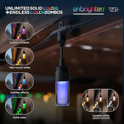 Enbrighten Vibe Modern Outdoor String Lights, 48ft, 24 RGBWIC Acrylic Bulbs, Weatherproof, Perfect for Gameday, Holidays, and More, Smart App Control, Compatible with Alexa, Google Home, 84013