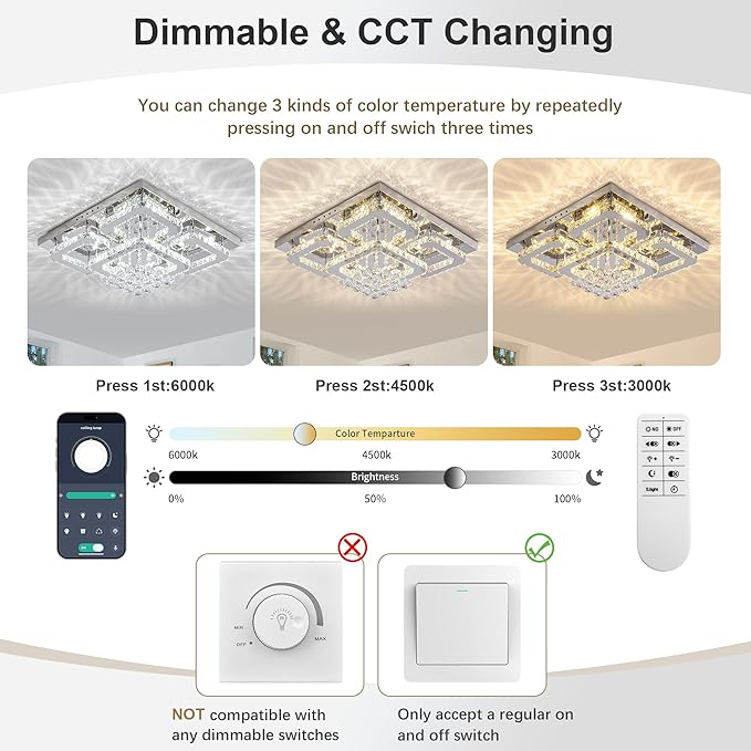 24 inch Flush Mount Chandelier Crystal Ceiling Light with Remote Control/APP,3CCT Dimmable&Brightness Adjustable, Modern Crystal Raindrop Silver Chandeliers for Bedroom Hallway Dinning Room LivingRoom