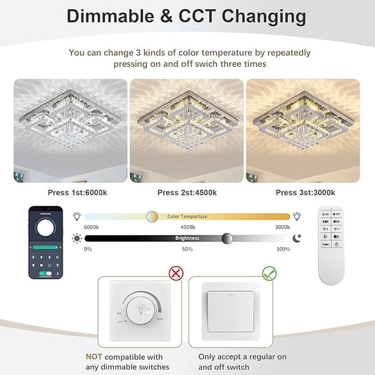 24 inch Flush Mount Chandelier Crystal Ceiling Light with Remote Control/APP,3CCT Dimmable&Brightness Adjustable, Modern Crystal Raindrop Silver Chandeliers for Bedroom Hallway Dinning Room LivingRoom