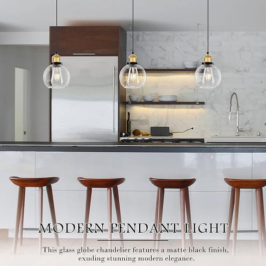 Bagood 6 inch Mini Hanging Pendant Light Contemporary Globe Pendant Lights Kitchen Island Clear Glass with Black Gold Finish Adjustable Hanging Light Fixture for Kitchen Island (Bulb Included)