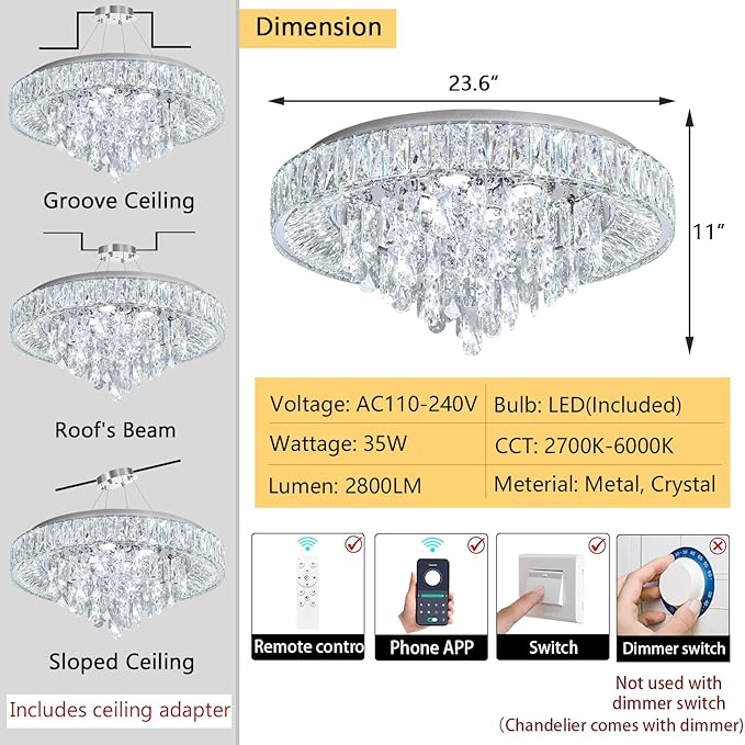23.6" Modern Crystal Chandeliers LED Dimmable Flush Mount Ceiling Chandeliers for Living Room Entrance Foyer Bedroom Silver