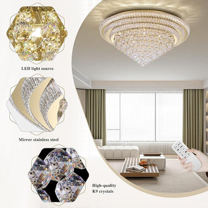 COCOSTAR 40" Gold Crystal Chandeliers, Flush Mount Chandelier LED Ceiling Light, Modern Crystal Raindrop Chandeliers for Dining Room, Living Room, Bedroom