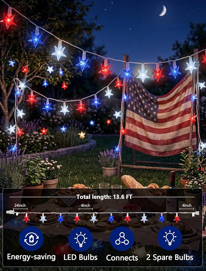 GOOTHY 13.6Ft LED Red White and Blue Star String Lights Plug in, Outdoor 4th of July Decorations Lights with 35 LED Star Light, Hanging Fairy Light for Independence Day Party Garden Patio Birthday