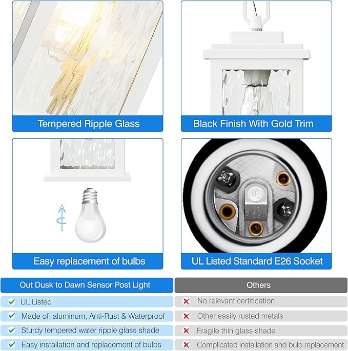 VIANIS White Outdoor Pendant Light, Farmhouse Hanging Light Fixtures Ceiling Mount Porch Lights, Anti-Rust Aluminum Frame with Temperate Ripple Glass, Hanging Lights for Outside Patio for Gazebo