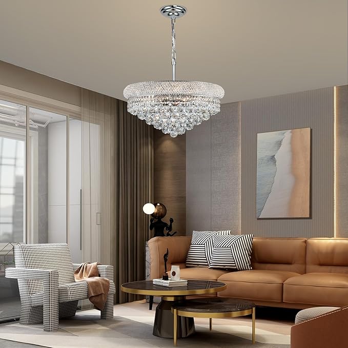 Crystal Chandeliers for Dining Room Light Fixtures Over Table, Empire Style k9 Crystal Chandelier for Bedroom, 9 Lights Chrome Luxury Lighting Fixtures for Living Room Kitchen lsland Entryway D22 Inch