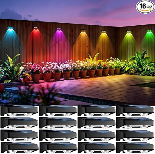 Solar Fence Lights Outdoor, 16 Pack Color Changing Fence Lights Solar Powered with 9 RGB Colors & 11 Lighting Modes, IP65 Waterproof Dusk to Dawn Fence Lights for Patio, Deck, Wall, Backyard