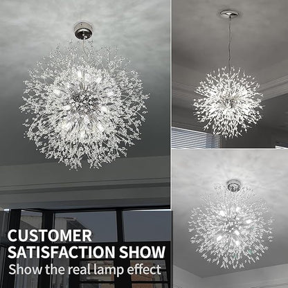 Crystal Chandelier, Firework Modern Beaded Chandeliers, Dandelion Chrome Pendant Lamp, Hanging Lighting Fixture for Bedroom, Dining Room, Kitchen, Farmhouse, Hallway, Foyer, 22" Chrome 12 Lights