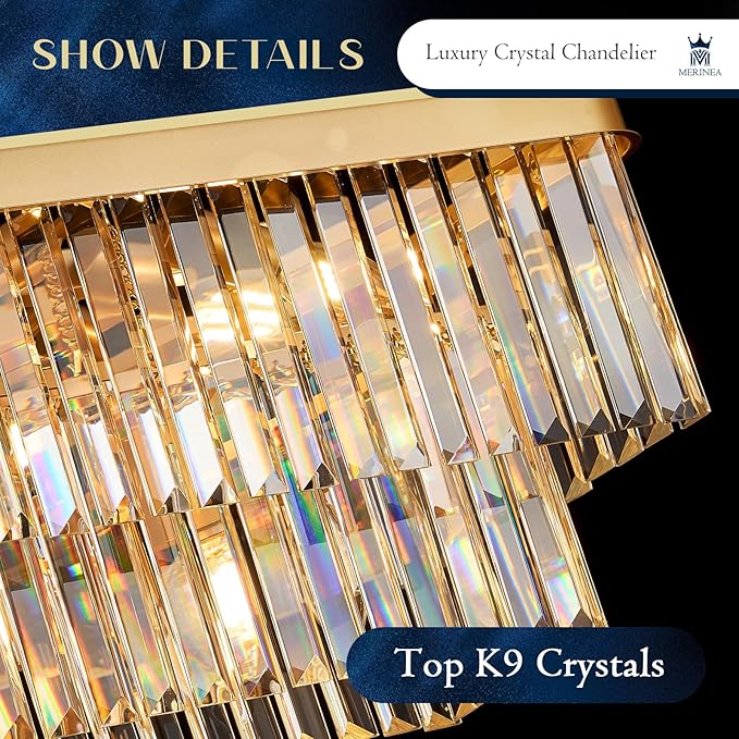 Rectangle Crystal Chandelier L40” 12 Lights Modern Gold Rectangular Long Chandeliers Luxury K9 Ceiling Pendant Light for Kitchen Island Dining Room Living Room Bar