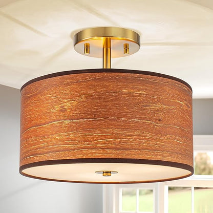 3-Light Solid Wood Drum Ceiling Lights, Farmhouse Style Semi-Flushmount Light Fixture for Dining Room, Living Room, Bedroom, D12 * H10 inch, Solid Wood Lampshade & Gold Finish