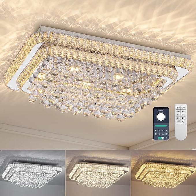 COCOSTAR 32 inch Crystal Flush Mount Chandelier Remote/APP, Modern Raindrop LED Ceiling Light, 3CCT Dimmable & Brightness Adjustable,Elegant Chandeliers for Bedroom Hallway Dinning Room Living Room