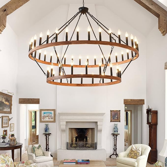 HHR 60" Wood-Grain Surface Double Tier Wagon Wheel Chandelier, 54-Light Extra Large Farmhouse Pendant Light Fixture, Round High Ceiling Chandelier for Dining Room Living Room Island Foyer Entryway E12