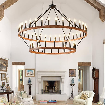 HHR 60" Wood-Grain Surface Double Tier Wagon Wheel Chandelier, 54-Light Extra Large Farmhouse Pendant Light Fixture, Round High Ceiling Chandelier for Dining Room Living Room Island Foyer Entryway E12