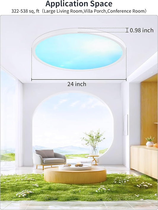 24 Inch Flush Mount Ceiling Light with Blue Sky Cover, Dimmable Ceiling Lamp with Remote, 54W LED Lighting Fixtures Sunlight Effect, Modern Slim Design for Classroom Bedroom Living Room, Round White