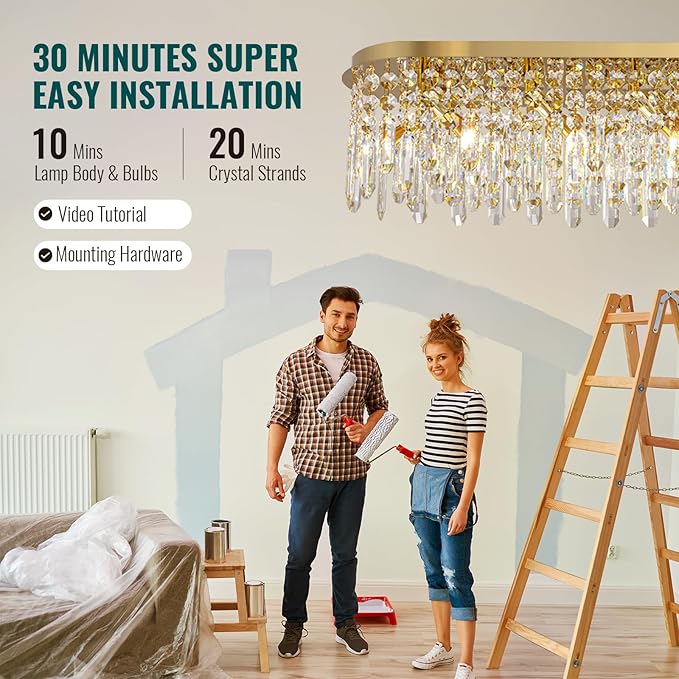 Siljoy 10-Light Modern Crystal Chandelier, Luxury Gold Oval K9 Crystal Raindrop Chandelier, Dimmable Flush Mount Crystal Ceiling Light for Living Dining Room Kitchen Island, L40'' x W11'' x H11''