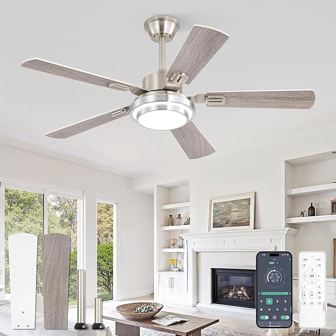 Fanbulous 48 Inch Ceiling Fans with Lights and Remote, Brushed Nickel Ceiling Fan with 8 Dual-Color Blades, Indoor/Outdoor Large Ceiling Fans, Reversible DC Motor, 6-Speed, 3CCT for Living Porch Patio
