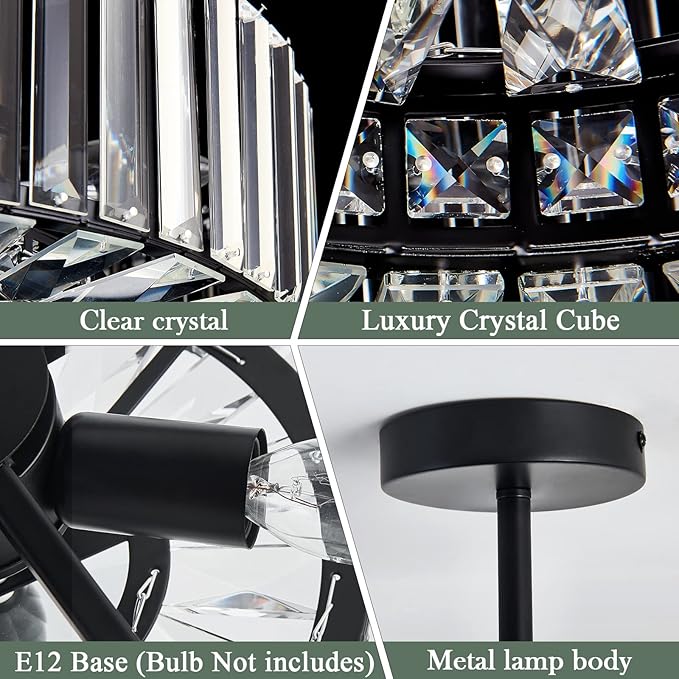 Piepooye 4 Lights Modern Crystal Chandelier Black Round Semi Flush Mount Ceiling Light Fixture Farmhouse Chandelier for Dinning Room Living Room Bedroom Hallway Entryway Kitchen