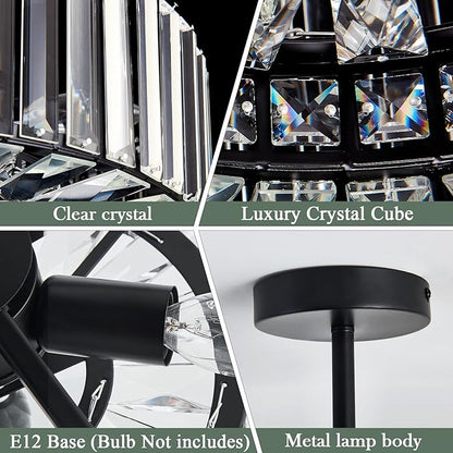 Piepooye 4 Lights Modern Crystal Chandelier Black Round Semi Flush Mount Ceiling Light Fixture Farmhouse Chandelier for Dinning Room Living Room Bedroom Hallway Entryway Kitchen