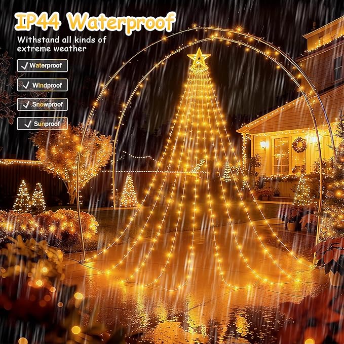 Star String Lights, 350 LED Tree Waterfall Fairy Lights, Outdoor Waterproof Christmas Decoration Lights with Remote, 16FT X 9 Hanging LED Lamp for Garden Yard Wedding Birthday Festival, Warm Yellow