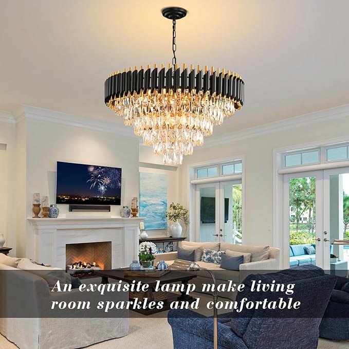 Modern Crystal Chandeliers for Dining Room 15-Light Black and Gold Chandelier Living Room Round 6 Tiers Contemporary Ceiling Hanging Light Pendant Light Fixture for Entryway Foyer Staircase W29”