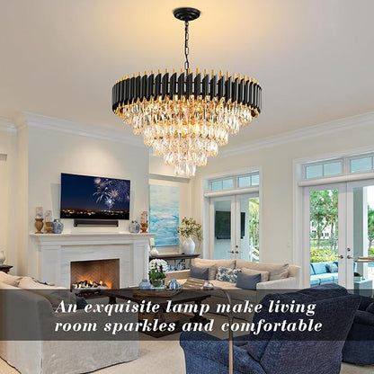 Modern Crystal Chandeliers for Dining Room 15-Light Black and Gold Chandelier Living Room Round 6 Tiers Contemporary Ceiling Hanging Light Pendant Light Fixture for Entryway Foyer Staircase W29”