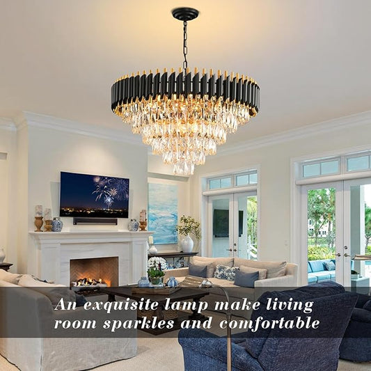 Modern Crystal Chandeliers for Dining Room 15-Light Black and Gold Chandelier Living Room Round 6 Tiers Contemporary Ceiling Hanging Light Pendant Light Fixture for Entryway Foyer Staircase W29”