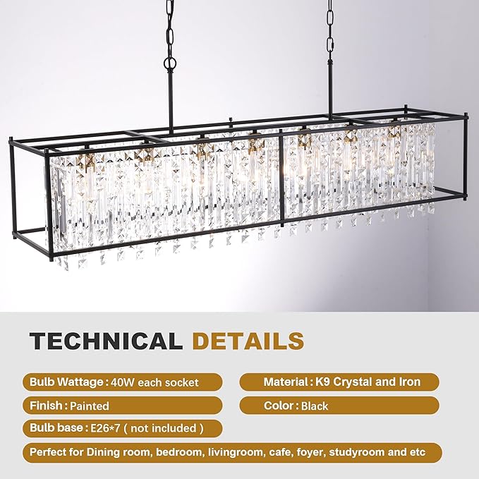 Crystal Chandeliers for Dining Room,50IN Modern Black Chandelier for Living Room, Adjustable Height, 7-Light Pendant Light Fixture,Rectangle Lighting for Kitchen Island Living Room