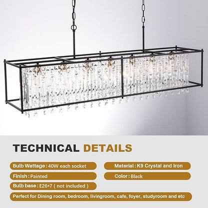 Crystal Chandeliers for Dining Room,50IN Modern Black Chandelier for Living Room, Adjustable Height, 7-Light Pendant Light Fixture,Rectangle Lighting for Kitchen Island Living Room