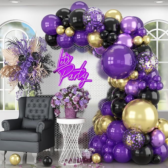 HILAVO Purple Black and Gold Balloon Arch Kit Graduation Balloon Garland Dark Purple and Gold Metallic Black Confetti Balloons for Retirement Wednesday Birthday Baby Shower Engagement Party Decoration