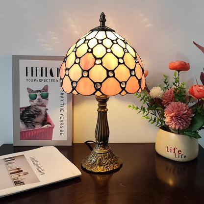 Tiffany Table Lamp 3-Way Light Handmade Bedside Lamp Small Desk Night Lamp Stained Glass Antique for Home Office Bedroom Living Room Study Room (Pink Pearls Style)