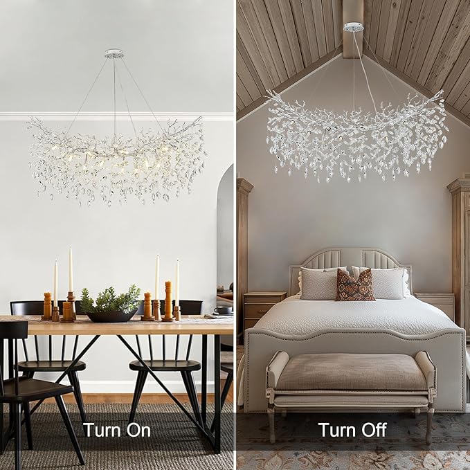 Modern Crystal Silver Chandelier, 47" Large Rectangular Tree Branch Chandeliers for Dining Room Over Table,Living Room,High Ceiling,Kitchen Island,Foyer,Staircase, Crystals Ceiling Light Fixtures