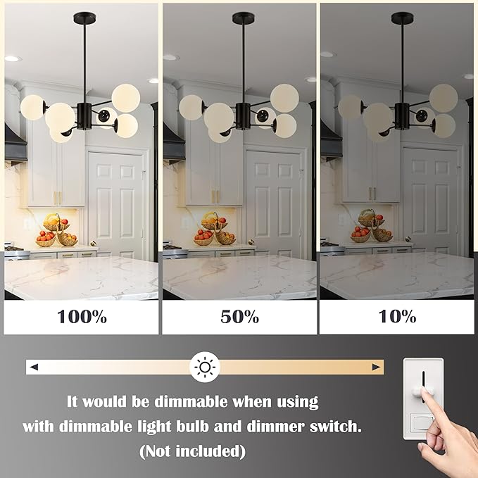 Bagood 6-Light Sputnik Chandelier Black Sputnik Chandeliers Modern Mid Century Globe Pendant Light Matte Black Finished with White Frosted Globe Glass Lampshade for Dining Room Bedroom Kitchen