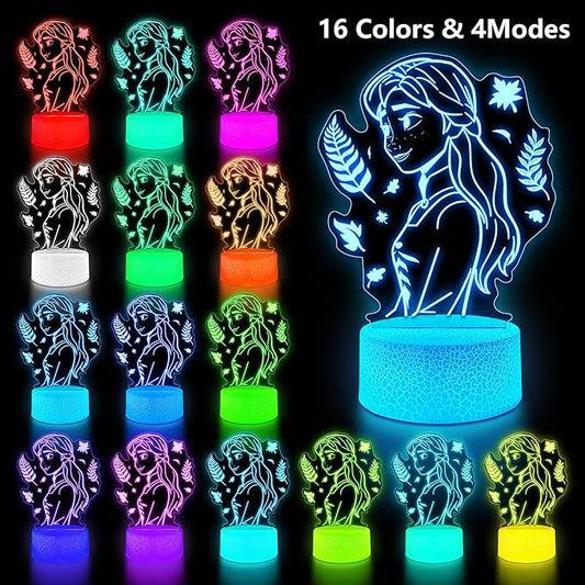 Cute Night Light for Kids [2 Set] 16 Colors Change Princess Decor Lamp with Remote, Dim for Girls Bedroom 3D Illusion LED Night Lights, Ideal Gifts for Girls Christmas Birthday Party Room Decoration