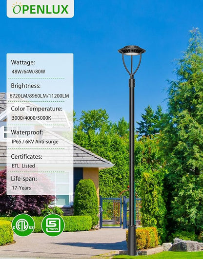 10 Pack LED Post Top Light ETL Listed 80W 64W 48W Adjustable 3CCT Adjustable Outdoor Pole Lights with Photocell IP65 Waterproof Post LED Fixture for Garden Yard Street Lighting