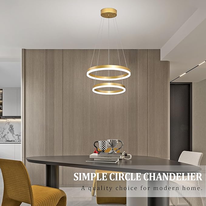 Modern Gold Led Chandelier 2 Rings Dimmable LED Chandeliers with Remote Control Light Fixture for Kitchen Island Height Adjustable Chandelier Led Pendant Light for Living Room Dining Room
