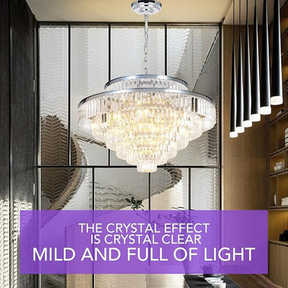 Crystal Chandeliers Modern Style Chrome 39 inch & Lights Round Hanging Classic Pendant Ceiling Chandelier Lighting Fixture 7-Tier for Dining Room Living Room