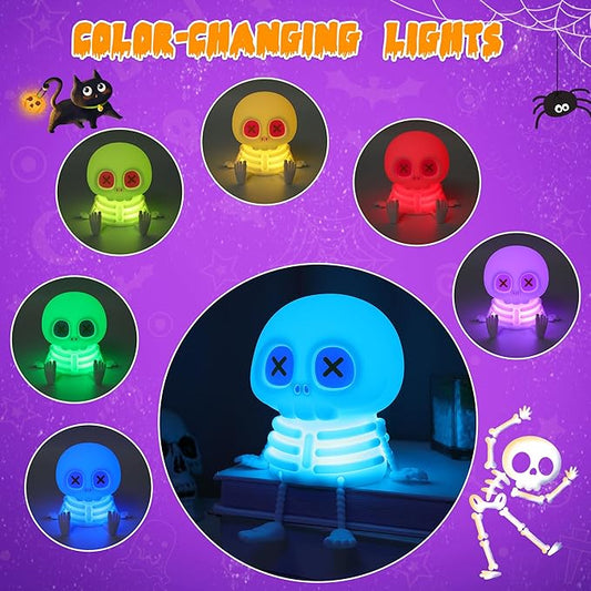 Skull Night Light, Cute Skeleton Lamp, Silicone LED Color Changing & Dimmable Helloween Room Summerween Party Decor, Squishy Rechargeable Bedside Nightlight for Christmas Birthday Gifts