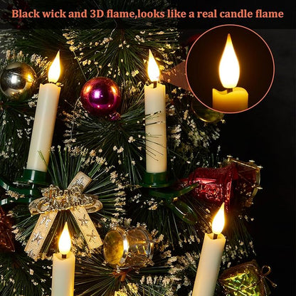 IMAGE 12Pcs LED Taper Candles Light Set Flameless 3D Wick Ivory Candles with Clip-on Christmas Tree Design, 10-Key Remote with Timer, Warm White Light, Battery Operated for Versatile Decoration