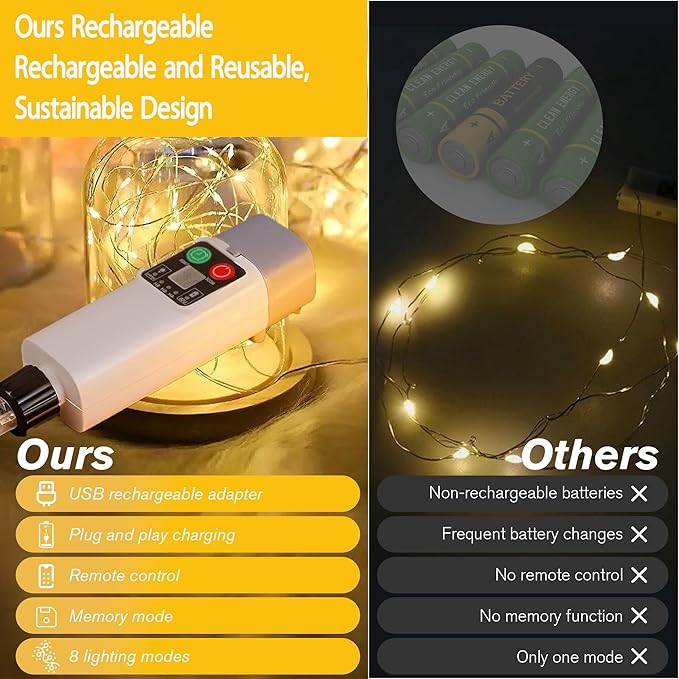 33FT 100 LED Rechargeable String Lights, USB Charging, IP65 Waterproof Outdoor Camping Lights, 8 Modes Fairy Lights with Remote Timer for Camping Patio Christmas Bedroom Decor Warm White