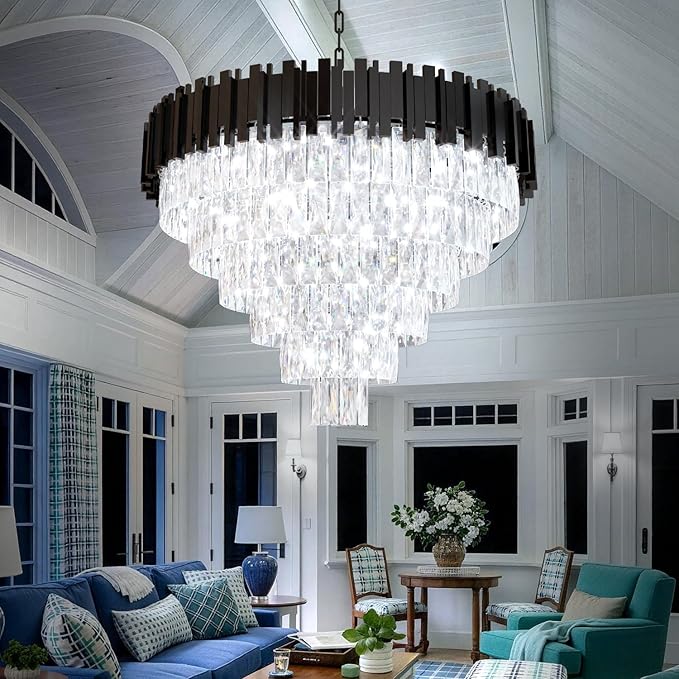 Large Crystal Chandeliers, Modern 32" Black Pendant Light, 6-Tier Round Crystal Ceiling Chandelier for High Ceiling, Foyer, Living Room, Staircase, Dining Room