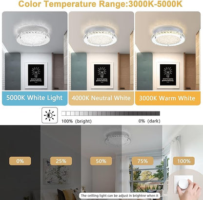 Flush Mount Ceiling Light LED Crystal Ceiling Light Fixture Modern 13 Inch Kitchen Lighting Fixtures Ceiling for Bedroom, Hallway, Porch, Dimmable and 3 Color Change