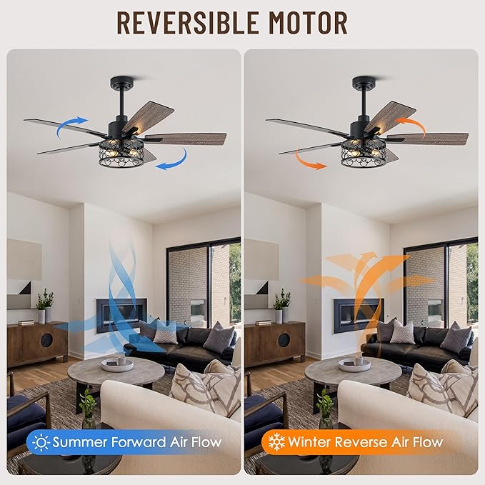 52" Farmhouse Ceiling Fans with Lights and Remote,Chandelier Ceiling Fan with Reversible DC Motor and 5 Double Finish Wood Blades,Rustic Caged Ceiling Fan for Living Room,Dining Room,Bedroom
