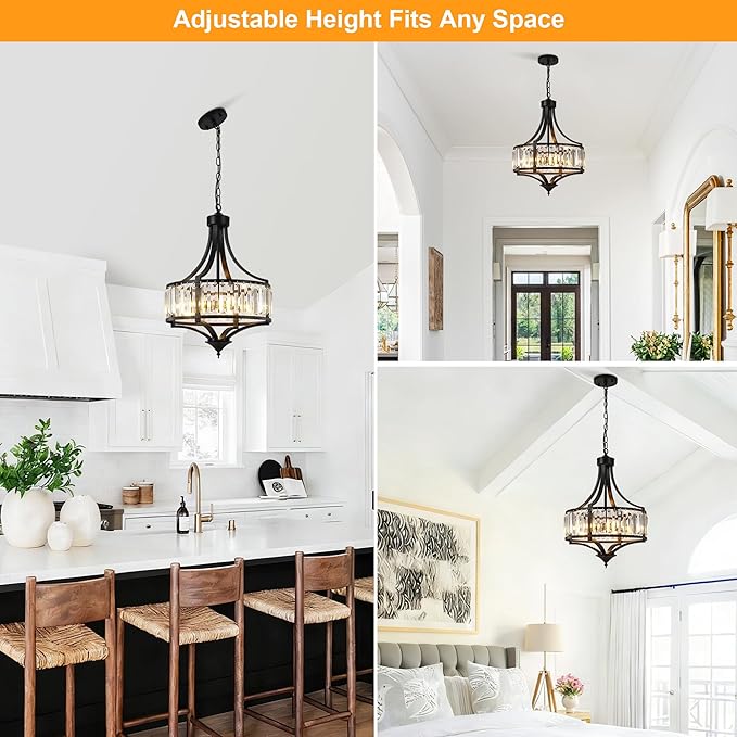 CNRATYE 16" Modern Black Crystal Chandelier, 4-Light Farmhouse Dining Room Light Fixtures Over Table Hanging, Antique Round Pendant Lights Kitchen Island Entryway Bedroom Office Stairwell Hallway